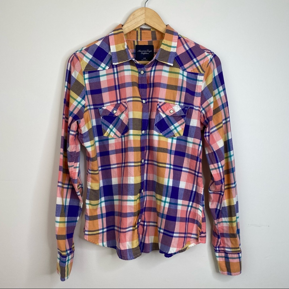 AMERICAN EAGLE Women's Plaid Flannel, Pink & Blue, Size Large